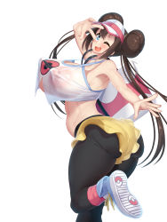 Rule 34 | 1girl, absurdres, adapted costume, armpits, ass, bag, bare shoulders, black pantyhose, blue eyes, blush, breasts, brown hair, collarbone, creatures (company), double bun, game freak, hair bun, handbag, highres, huge breasts, kawahagitei, leggings, leggings under shorts, long hair, looking at viewer, navel, nintendo, nipples, one eye closed, open mouth, pantyhose, perky breasts, pokemon, pokemon bw2, rosa (pokemon), see-through, shoes, shorts, simple background, sleeveless, sneakers, solo, standing, standing on one leg, tank top, thick thighs, thighs, v, very long hair, visor cap, white background, wink, yellow shorts