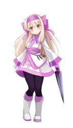 Rule 34 | 1girl, black pantyhose, blonde hair, boots, bow, d z, fate/grand order, fate (series), gloves, hair bow, hair ribbon, hairband, highres, holding, holding sword, holding weapon, illyasviel von einzbern, long hair, long sleeves, looking at viewer, pantyhose, purple bow, purple gloves, purple hairband, red eyes, ribbon, scarf, simple background, sitonai (fate), sitonai (fate/grand order), smile, solo, sword, weapon