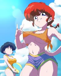 Rule 34 | 2girls, artist request, ball, bikini, blue eyes, blue sky, braid, female pervert, hand on own hip, highres, holding, holding ball, lifted by self, looking at another, looking at viewer, multiple girls, navel, nipples, one-piece swimsuit, pervert, ranma-chan, ranma 1/2, red hair, short shorts, shorts, single braid, sky, stick, sweat, swimsuit, tendou akane, undo., yellow one-piece swimsuit