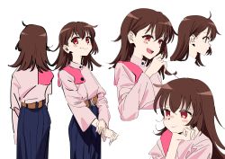 Rule 34 | 1girl, absurdres, ahoge, belt, blush stickers, brown hair, cowboy shot, cropped shoulders, cropped torso, expressionless, from behind, head rest, high-waist skirt, highres, jacket, kerorira, long skirt, looking at viewer, medium hair, multiple views, open mouth, original, pink jacket, pout, profile, red eyes, simple background, sketch, skirt, smile, white background