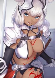 Rule 34 | 1girl, animal ears, armor, bikini armor, black gloves, blue eyes, body markings, breasts, caenis (fate), cleavage, dark-skinned female, dark skin, elbow gloves, fate/grand order, fate (series), faulds, gloves, hair intakes, halterneck, halterneck, headgear, highres, large breasts, long hair, looking at viewer, navel, open mouth, pauldrons, polearm, reuri (tjux4555), shield, shoulder armor, shoulder plates, skindentation, smile, solo, spear, tattoo, thighs, weapon, white hair