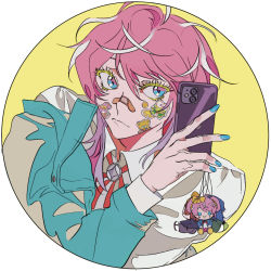 Rule 34 | 1boy, amemura ramuda, bandaid, bandaid on face, bandaid on nose, blue eyes, blue nails, cellphone, cellphone charm, charm (object), closed mouth, colored eyelashes, commentary, heart, heart-shaped pupils, highres, holding, holding phone, hypnosis mic, long sleeves, nail polish, neck ribbon, phone, pink hair, red ribbon, reichio, ribbon, shirt, short hair, sidelocks, smartphone, sticker on face, symbol-only commentary, symbol-shaped pupils, white shirt, yellow background