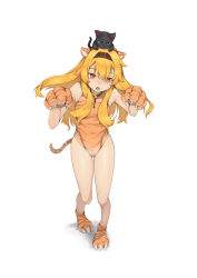 Rule 34 | 1girl, absurdres, animal, animal ears, animal hands, animal on head, bare shoulders, blush, cat, collarbone, covered navel, fake animal ears, female focus, full body, gloves, hairband, highres, leotard, little witch nobeta, long hair, looking at viewer, nobeta, on head, open mouth, paw gloves, paw pose, paw shoes, print leotard, red eyes, rou (rou22), simple background, solo, tail, tiger, very long hair, white background