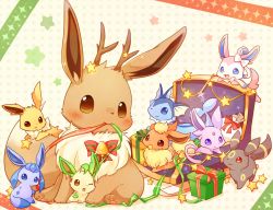 Rule 34 | blush, body fur, box, brown eyes, closed mouth, commentary request, creatures (company), eevee, espeon, evolutionary line, flareon, game freak, gen 1 pokemon, gen 2 pokemon, gen 4 pokemon, gen 6 pokemon, gift, gift box, glaceon, jolteon, leafeon, looking back, mouth hold, nintendo, no humans, one eye closed, open mouth, pokemon, pokemon (creature), ribbon, smile, star (symbol), sylveon, tongue, umbreon, ushiina, vaporeon