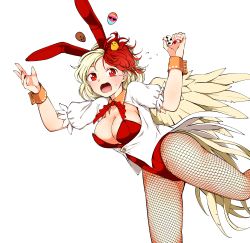 Rule 34 | 1girl, absurdres, animal, animal ears, animal on head, bird, blonde hair, breasts, breasts out, chick, cleavage, commentary request, cowboy shot, easter, easter egg, egg, fake animal ears, feathered wings, fishnet pantyhose, fishnets, flying sweatdrops, highres, holding, holding egg, kaisenpurin, large breasts, leotard, looking at viewer, multicolored hair, niwatari kutaka, on head, open mouth, pantyhose, playboy bunny, puffy short sleeves, puffy sleeves, rabbit ears, red eyes, red hair, shirt, short hair, short sleeves, simple background, solo, strapless, strapless leotard, touhou, two-tone hair, unbuttoned, unbuttoned shirt, white background, white shirt, wing collar, wings, wrist cuffs