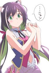 Rule 34 | 1girl, animal ears, black hair, blush, brooch, cat ears, cat girl, clothing cutout, colored inner hair, gem, green eyes, green hair, hands up, highres, jewelry, karyl (princess connect!), long hair, low twintails, multicolored hair, navel, navel cutout, neck ribbon, princess connect!, ribbon, shirt, sleeveless, sleeveless shirt, solo, streaked hair, takkun (takkun20), translation request, twintails, very long hair, white hair