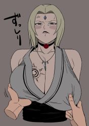 Rule 34 | 1girl, blush, grabbing another&#039;s breast, breasts, breasts out, cleavage, facial mark, grabbing, highres, huge breasts, naruto, naruto (series), open clothes, tsunade (naruto), white background