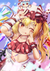 Rule 34 | 1girl, :v, ;q, apron, asymmetrical sleeves, bikini, bow, breasts, cleavage, closed mouth, crystal, doll, fingernails, flandre scarlet, hair ornament, hairpin, hat, heart, heart hair ornament, heart print, highres, laevatein (touhou), long fingernails, looking at viewer, midriff, mismatched sleeves, mizunisabano, mob cap, nail polish, navel, one eye closed, one side up, polka dot, polka dot bikini, red bikini, red nails, remilia scarlet, smile, solo, striped, striped bow, swimsuit, tongue, tongue out, touhou, w, waist apron, white apron, white hat, wings, wrist cuffs