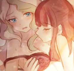 Rule 34 | 2girls, absurdres, blue eyes, blush, bra, breasts, brown hair, cleavage, collarbone, couple, diana cavendish, embarrassed, groping, hickey, highres, kagari atsuko, kiss, little witch academia, moaning, multicolored hair, multiple girls, simple background, underwear, wavy mouth, white background, yuri