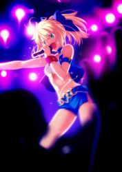 Rule 34 | 1girl, :d, ahoge, april fools, aqua eyes, armband, artoria pendragon (all), artoria pendragon (fate), bad id, bad twitter id, belt, blonde hair, bow, breasts, choker, fate/stay night, fate (series), hair bow, highres, idol, jewelry, jpeg artifacts, microphone, midriff, motion blur, music, navel, official alternate costume, official art, open mouth, outstretched arm, pendant, ponytail, saber (fate), shorts, singing, small breasts, smile, solo, sparkle, stage lights, star (symbol), takeuchi takashi, vest, wrist cuffs