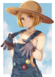 Rule 34 | 1girl, absurdres, aged up, alternate breast size, black gloves, blonde hair, breasts, censored, e draw paint, fate/grand order, fate (series), gloves, hat, highres, large breasts, light censor, looking at viewer, naked overalls, overalls, overalls pull, paul bunyan (fate), paul bunyan (third ascension) (fate), short hair, solo, yellow eyes