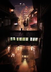 Rule 34 | 1girl, animal, animal ears, animal request, backlighting, black jacket, black pantyhose, boots, building, cityscape, commentary request, dark, facing away, fog, fox ears, fox girl, fox tail, hair ornament, highres, jacket, lantern, long hair, low ponytail, neon lights, night, night sky, original, outdoors, pantyhose, paper lantern, ponytail, rias-coast, rooftop, shide, sky, skyscraper, solo, standing, tail, tail raised, translation request, vehicle request, white hair, wide shot, window