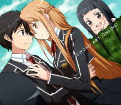 Rule 34 | &gt;:d, 10s, 1boy, 2girls, :d, asuna (sao), bad id, bad pixiv id, black eyes, black hair, blazer, brown eyes, brown hair, couple, dutch angle, eye contact, hand on another&#039;s chest, hands on own cheeks, hands on own face, hetero, jacket, kirito, long hair, looking at another, multiple girls, open mouth, school uniform, short hair, smile, sword art online, v-shaped eyebrows, yamaki suzume, yui (sao)