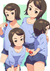 Rule 34 | 1girl, arm behind back, ass, blue shirt, blue shorts, blush, brown eyes, brown hair, closed mouth, collarbone, cowboy shot, creatures (company), cropped legs, female focus, flat chest, from behind, game freak, gradient background, grey background, gym trainer (pokemon), hair ornament, hairclip, half-closed eyes, hand up, hands on own thighs, happy, highres, holding, holding poke ball, kneepits, knees together feet apart, leaning forward, light blush, long sleeves, looking at viewer, matching hair/eyes, multiple views, nintendo, om (nk2007), poke ball, poke ball (basic), pokemon, pokemon sv, seductive smile, shiny skin, shirt, short hair, short shorts, shorts, sidelocks, simple background, smile, standing, swept bangs, thighs, white background