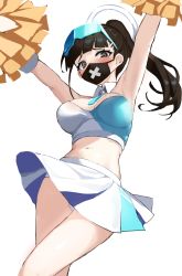 Rule 34 | 1girl, absurdres, arms up, black eyes, blue archive, blush, breasts, brown hair, cosplay, crop top, detached collar, goggles, goggles on head, halo, hibiki (blue archive), highres, holding, holding pom poms, large breasts, long hair, looking at viewer, mask, midriff, mouth mask, navel, pom pom (cheerleading), pom poms, ponytail, simple background, skirt, solo, stone (ksorede), sukeban (smg) (blue archive), white background, white skirt