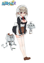 Rule 34 | 1girl, apron, between breasts, bow, breasts, cleavage, cleavage cutout, clipboard, clothing cutout, copyright name, covering privates, frills, full body, garter straps, glasses, grey hair, hair ribbon, hibiki (warship girls r), highres, looking at viewer, maid headdress, necktie, necktie between breasts, open mouth, plate, red-framed eyewear, red eyes, red ribbon, ribbon, semi-rimless eyewear, short hair, short twintails, solo, stmast, thighhighs, tray, twintails, under-rim eyewear, v arms, verniy (warship girls r), warship girls r, white thighhighs