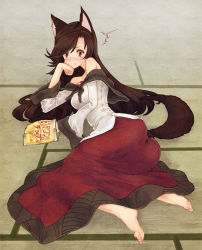 Rule 34 | ^^^, 1girl, :t, animal ears, bare shoulders, barefoot, blush, brooch, brown hair, dress, eating, feet, imaizumi kagerou, jewelry, jpeg artifacts, long hair, long sleeves, looking at viewer, lying, on side, red eyes, solo, tail, tatami, touhou, urin, wolf ears, wolf tail