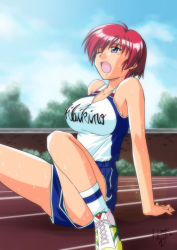 Rule 34 | 1girl, aqua elf, arm support, bare shoulders, blue eyes, blue shorts, breasts, bush, cloud, dated, hinomoto hikari, large breasts, lens flare, mole, mole under eye, one eye closed, open mouth, outdoors, red hair, running track, shoes, short hair, shorts, signature, sitting, sky, sneakers, socks, solo, sweat, tank top, tokimeki memorial, tokimeki memorial 2, track and field, tree, white socks