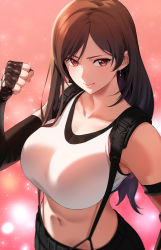 Rule 34 | 1girl, artist request, bare shoulders, black gloves, black skirt, breasts, brown hair, clenched hand, closed mouth, commentary request, earrings, elbow gloves, final fantasy, final fantasy vii, final fantasy vii remake, gloves, hand up, jewelry, large breasts, light smile, lips, long hair, looking at viewer, midriff, navel, pink background, red eyes, simple background, skirt, sleeveless, solo, stomach, suspender skirt, suspenders, tank top, tifa lockhart, upper body, white tank top