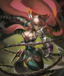 Rule 34 | 1girl, armor, bad id, bad tumblr id, breasts, cleavage, cleavage cutout, closed mouth, clothing cutout, covered navel, gauntlets, green eyes, hair between eyes, headgear, highres, holding, holding sword, holding weapon, large breasts, leotard, long hair, maria cadenzavna eve, pink hair, senki zesshou symphogear, solo, sword, symphogear pendant, thighhighs, visqi, weapon, whip sword