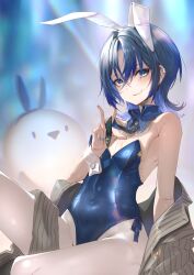 Rule 34 | 1girl, absurdres, animal ears, black necktie, blue collar, blue eyes, blue hair, blue leotard, blue nails, blush, breasts, cleavage, collar, detached collar, fake animal ears, grey jacket, highres, hiodoshi ao, hololive, hololive dev is, jacket, leotard, looking at viewer, mole, mole under mouth, nail polish, necktie, playboy bunny, pparus, rabbit ears, small breasts, smile, solo, strapless, strapless leotard, striped clothes, striped jacket, v, vertical-striped clothes, vertical-striped jacket, virtual youtuber, white wrist cuffs, wrist cuffs