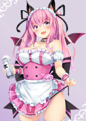 Rule 34 | 1girl, :d, animal ears, animare, apron, bare shoulders, bat ears, black panties, black ribbon, blush, breasts, can, collarbone, commentary request, cowboy shot, detached collar, detached sleeves, fang, foam, frilled apron, frills, hair between eyes, hair ribbon, head tilt, highres, holding, holding can, irohara, large breasts, long hair, maid headdress, mini wings, nanashi inc., open mouth, panties, pink hair, pink skirt, pleated skirt, puffy short sleeves, puffy sleeves, purple background, purple eyes, purple wings, ribbon, shirt, short sleeves, side-tie panties, skirt, smile, solo, twintails, umori hinako, underwear, untied panties, virtual youtuber, waist apron, white apron, white shirt, white sleeves, wings