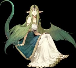 Rule 34 | 1girl, bare shoulders, bracelet, breasts, circlet, cleavage, crossed legs, dragon tail, earrings, fire emblem, fire emblem echoes: shadows of valentia, full body, green eyes, green hair, hidari (left side), horns, jewelry, large breasts, long hair, mila (fire emblem), nail polish, nintendo, official art, pointy ears, sandals, single horn, sitting, solo, tail, teeth, transparent background, very long hair, wings