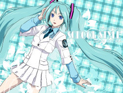 Rule 34 | 1girl, aqua background, aqua hair, aqua nails, bad id, bad pixiv id, blazer, blue eyes, breasts, buttons, character name, colored eyelashes, cowboy shot, dutch angle, english text, flower, hair ornament, halftone, hand on own head, hand up, hatsune miku, headset, iga tomoteru, jacket, long hair, long sleeves, miniskirt, nail polish, necktie, parted bangs, plaid, plaid background, pleated skirt, pocket, project diva, project diva (series), school, school uniform, skirt, small breasts, solo, standing, twintails, uniform, very long hair, vocaloid, wallpaper, wing collar, zoom layer