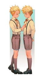 Rule 34 | 2boys, aged down, arms behind back, black footwear, blonde hair, blue eyes, brothers, closed mouth, collared shirt, commentary, commentary request, english commentary, frown, full body, grey shorts, grey socks, halftone, halftone background, long sleeves, male focus, millions knives, mixed-language commentary, mole, mole under eye, multicolored background, multiple boys, neck ribbon, profile, red ribbon, ribbon, saeldam, shirt, shoes, short hair, shorts, siblings, simple background, smile, socks, spiked hair, standing, suspender shorts, suspenders, trigun, trigun stampede, undercut, vash the stampede, white background, white shirt, wing collar