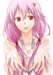 Rule 34 | 10s, 1girl, bare shoulders, breasts, cleavage, feesh, guilty crown, hair ornament, hairclip, long hair, looking at viewer, open mouth, petals, pink hair, red eyes, solo, twintails, yuzuriha inori