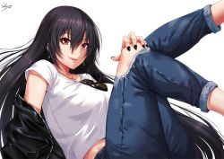 Rule 34 | 1girl, black hair, black jacket, black nails, black pants, blush, breasts, character name, commentary request, denim, earrings, eyewear hang, unworn eyewear, hair between eyes, jacket, jeans, jewelry, kantai collection, large breasts, leaning back, legs up, long hair, looking at viewer, nagato (kancolle), nail polish, off shoulder, open clothes, open jacket, open mouth, pants, red eyes, sakiyamama, shirt, simple background, sitting, smile, solo, sunglasses, t-shirt, thighs, torn clothes, white background, white shirt