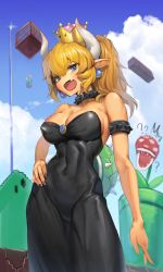Rule 34 | 1girl, ?, ??, absurdres, armpits, bare shoulders, blonde hair, blue eyes, bowsette, bracelet, breasts, cleavage, collar, crown, dress, earrings, fang, highres, horns, jewelry, large breasts, looking at viewer, mario (series), nintendo, piranha plant, ponytail, romana, shell, solo, spiked bracelet, spiked collar, spikes, super crown, tail