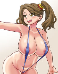 Rule 34 | 10s, 1girl, areola slip, blue one-piece swimsuit, blush, breasts, brown eyes, brown hair, cleavage, cleft of venus, curvy, eyes visible through hair, goriate, gradient background, grey background, gundam, gundam build fighters, gundam build fighters try, large breasts, long hair, navel, one-piece swimsuit, open mouth, parted lips, sazaki kaoruko, slingshot swimsuit, smile, solo, swept bangs, swimsuit, thick thighs, thigh gap, thighs, twintails, wedgie, white background, wide hips