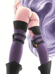 Rule 34 | 1girl, absurdres, arknights, ass, boots, breasts, female focus, from below, hand on own hip, highres, kilroylw, knee pads, long hair, lower body, nude, provence (arknights), purple thighhighs, simple background, solo, standing, tail, thighhighs, white background, wolf tail