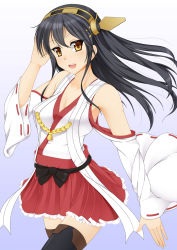 Rule 34 | 10s, 1girl, bare shoulders, black hair, detached sleeves, hair ornament, hairband, hairclip, haruna (kancolle), japanese clothes, kantai collection, long hair, looking at viewer, nontraditional miko, open mouth, personification, ribbon-trimmed sleeves, ribbon trim, sei (6862879), skirt, solo, thighhighs