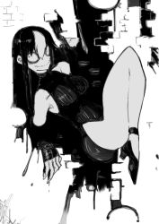 Rule 34 | 1girl, borrowed character, breasts, elbow gloves, fingerless gloves, gloves, greyscale, high heels, highres, long hair, monochrome, multicolored hair, nikukaiq, noss (rariatto), solo, thick thighs, thighs, vampire