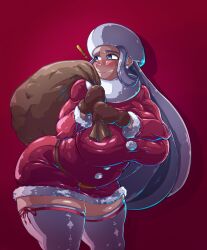 Rule 34 | !, 1girl, absurdres, alternate costume, anguriask, bag, blue eyes, blush, breasts, christmas, creatures (company), dress, earrings, fur-trimmed collar, fur-trimmed dress, fur hat, fur trim, game freak, gloves, grey hair, hat, highres, holding, holding bag, jewelry, large breasts, long hair, long sleeves, mature female, melony (pokemon), nintendo, pearl earrings, plump, pokemon, pokemon swsh, raised eyebrows, santa costume, santa dress, santa gloves, solo, thighhighs, ushanka, wavy mouth, white thighhighs