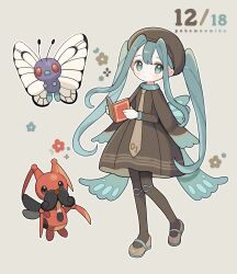 Rule 34 | 1girl, absurdres, aqua eyes, aqua hair, black pantyhose, book, brown dress, bug miku (project voltage), butterfree, creatures (company), dress, flower, game freak, gen 1 pokemon, gen 4 pokemon, hair through headwear, hat, hatsune miku, highres, hinnya, holding, holding book, kricketune, looking at viewer, mary janes, necktie, nintendo, pantyhose, pokemon, pokemon (creature), project voltage, shoes, twintails, vocaloid
