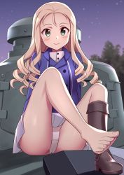 Rule 34 | 1girl, arms behind back, barefoot, bc freedom military uniform, black footwear, blonde hair, blue jacket, blue sky, blue vest, blurry, blurry background, blush, boots, closed mouth, commentary, crotch seam, dress shirt, drill hair, ft-17, girls und panzer, glastonbury1966, green eyes, high collar, highres, jacket, knee boots, leg up, long hair, long sleeves, looking at viewer, marie (girls und panzer), military, military uniform, military vehicle, miniskirt, motor vehicle, night, night sky, on vehicle, outdoors, panties, pantyshot, pleated skirt, shirt, single boot, sitting, skirt, sky, smile, solo, star (sky), starry sky, tank, tree, underwear, uniform, vest, white panties, white shirt, white skirt