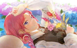 Rule 34 | 1girl, alternate costume, alternate hairstyle, arknights, blue eyes, blue poison (arknights), braid, earrings, floral background, flower, from side, hand on forehead, highres, holding, holding flower, hoop earrings, jewelry, looking at viewer, looking to the side, lying, nattsume (pantsuhead), on back, pink hair, purple eyes, smile, solo