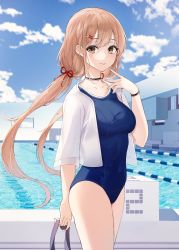 Rule 34 | 1girl, absurdres, black choker, blue one-piece swimsuit, breasts, brown eyes, brown hair, choker, collarbone, covered navel, day, hair ornament, hair ribbon, hairclip, hand up, highres, lebring, long hair, looking at viewer, low twintails, medium breasts, one-piece swimsuit, open clothes, open shirt, original, outdoors, pool, ribbon, shirt, smile, solo, standing, swimsuit, taut clothes, taut swimsuit, thighs, twintails, very long hair, white shirt, wristband