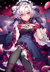 Rule 34 | 1girl, :&gt;, black pantyhose, blush, bright pupils, claw ring, commentary request, doll joints, dress, drill hair, feet out of frame, floral background, flower, frilled dress, frilled headwear, frills, hands on own chest, highres, hyakumantenbara salome, interlocked fingers, joints, layered dress, light purple hair, long hair, looking at viewer, maid headdress, nijisanji, nonomaro, pantyhose, parted bangs, petals, purple eyes, red dress, red flower, red rose, rose, side drill, smile, solo, virtual youtuber, white pupils