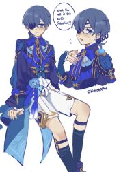 Rule 34 | 1boy, alternate hairstyle, bishounen, blue coat, blue flower, blue ribbon, blue socks, blue vest, ciel phantomhive, closed mouth, coat, cosplay, earrings, english text, eyepatch, flower, flying sweatdrops, genshin impact, hair between eyes, hand on own chest, highres, jewelry, kurosh00kie, kuroshitsuji, looking at viewer, looking to the side, male focus, multiple views, open mouth, ribbon, short hair, short ponytail, shorts, simple background, socks, solo, thigh strap, twitter username, vest, white background, white shorts, xingqiu (bamboo rain) (genshin impact), xingqiu (bamboo rain) (genshin impact) (cosplay), xingqiu (genshin impact)