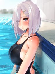 Rule 34 | 1girl, absurdres, back, blue eyes, blush, breasts, collarbone, competition swimsuit, from side, hair ornament, hairclip, hamakaze (kancolle), highres, kantai collection, large breasts, lens flare, looking at viewer, one-piece swimsuit, parted lips, partially submerged, pool, sarfata, short hair, sideboob, silver hair, sitting, smile, solo, sparkle, swimsuit, upper body, wet