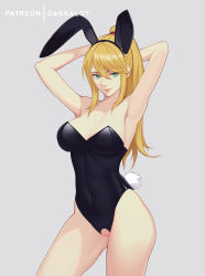 Rule 34 | 1girl, absurdres, animal ears, aqua eyes, armpits, arms behind head, arms up, artist name, bare arms, black leotard, blonde hair, breasts, covered navel, cowboy shot, crotchless, crotchless leotard, dakkalot, fake animal ears, fake tail, grey background, hair between eyes, highres, leotard, lips, long hair, medium breasts, metroid, metroid: zero mission, mole, mole under mouth, nintendo, parted lips, playboy bunny, ponytail, pussy, rabbit ears, rabbit tail, samus aran, sidelocks, simple background, smile, strapless, strapless leotard, tail, uncensored