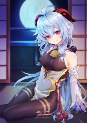 Rule 34 | ahoge, arm support, bare shoulders, bell, between thighs, blue hair, bow, bowtie, breasts, chinese knot, detached sleeves, full moon, ganyu (genshin impact), genshin impact, gold trim, highres, horns, indoors, long hair, looking at viewer, medium breasts, moon, multicolored eyes, neck bell, night, sidelocks, sitting, smile, solo, very long hair, vision (genshin impact), white sleeves, yami kumo, yokozuwari