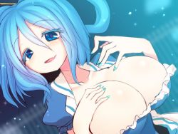 Rule 34 | 1girl, blue eyes, blue hair, breasts, cleavage, hair ornament, hair rings, hair stick, huge breasts, kaku seiga, kuresento, light particles, looking at viewer, matching hair/eyes, nail polish, open mouth, puffy sleeves, short hair, short sleeves, smile, solo, touhou, vest