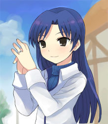 Rule 34 | 00s, 1girl, blue hair, brown eyes, female focus, idolmaster, idolmaster (classic), idolmaster 1, jewelry, kisaragi chihaya, long hair, non-web source, outdoors, ring, sky, solo, turtleneck