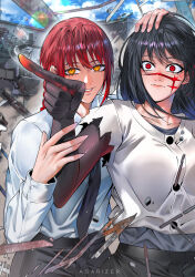 2girls absurdres asarizer black_hair black_necktie black_pants chainsaw_man closed_mouth facial_scar highres long_hair makima_(chainsaw_man) multiple_girls necktie orange_eyes pants pointing red_eyes red_hair ringed_eyes scar scar_on_cheek scar_on_face scar_on_nose shirt shirt_tucked_in smoke torn_clothes torn_sleeves white_shirt yoru_(chainsaw_man)