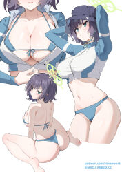 Rule 34 | 1girl, aqua eyes, arms behind head, arms up, ass, bare shoulders, bikini, black headwear, blue archive, blue bikini, blue jacket, blush, breasts, bucket hat, cleavage, collarbone, cropped jacket, grey hair, halo, hat, highres, jacket, large breasts, long sleeves, looking at viewer, looking back, multicolored clothes, multicolored jacket, multiple views, navel, open mouth, rash guard, saki (blue archive), saki (swimsuit) (blue archive), short hair, sidelocks, simao (x x36131422), sitting, swimsuit, thighs, two-tone jacket, wariza, wet, white jacket